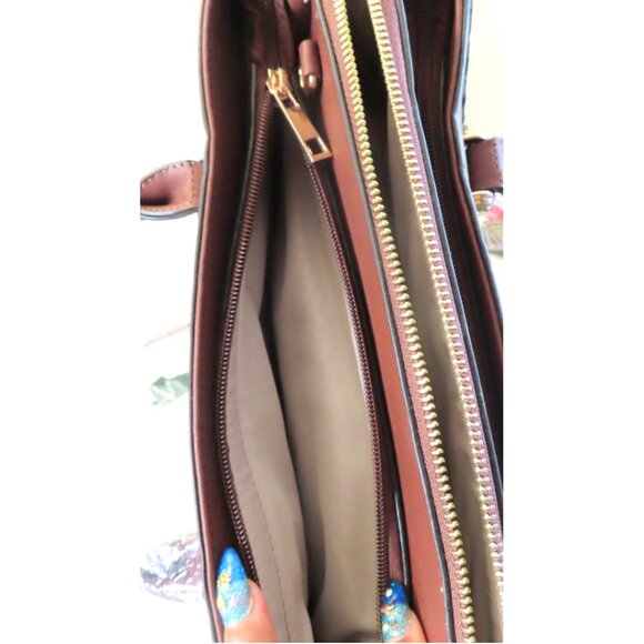 Designer Style Brown Tan Floral Geometric Diamond Monogram Handbag Purse Satchel - Picture 7 of 9